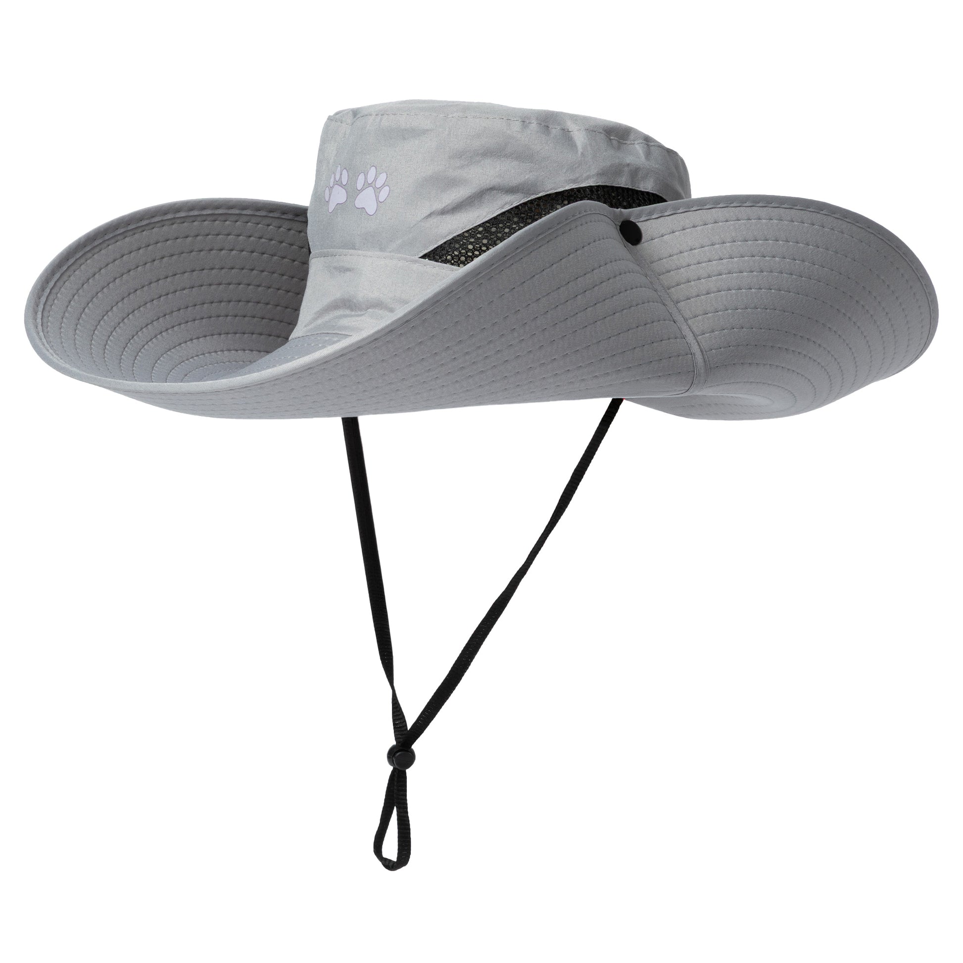 Gray wide-brimmed hat with a black strap on a white background