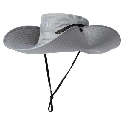 Gray wide-brimmed hat with a black strap on a white background