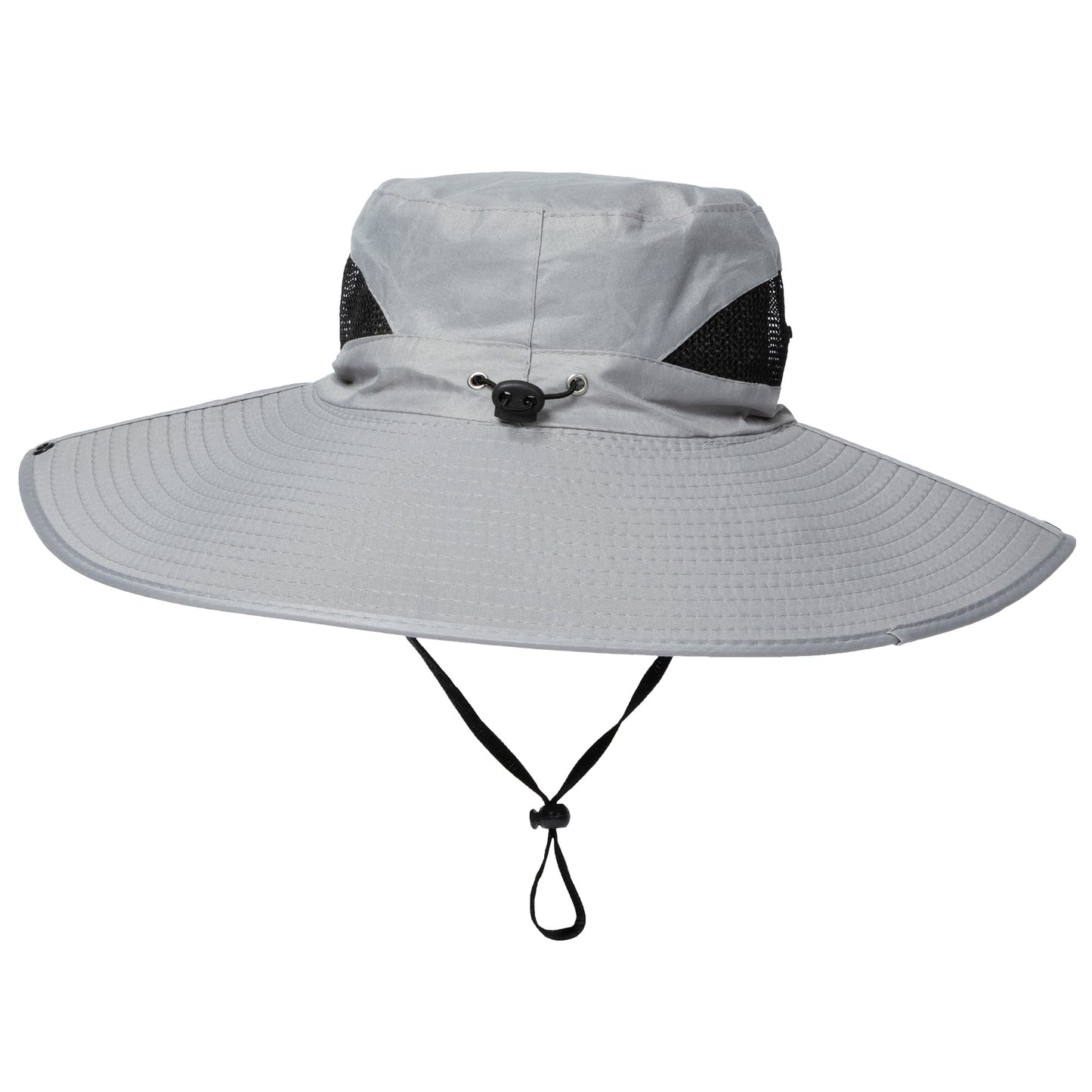 Wide-brimmed gray sun hat with black mesh and chin strap on a white background