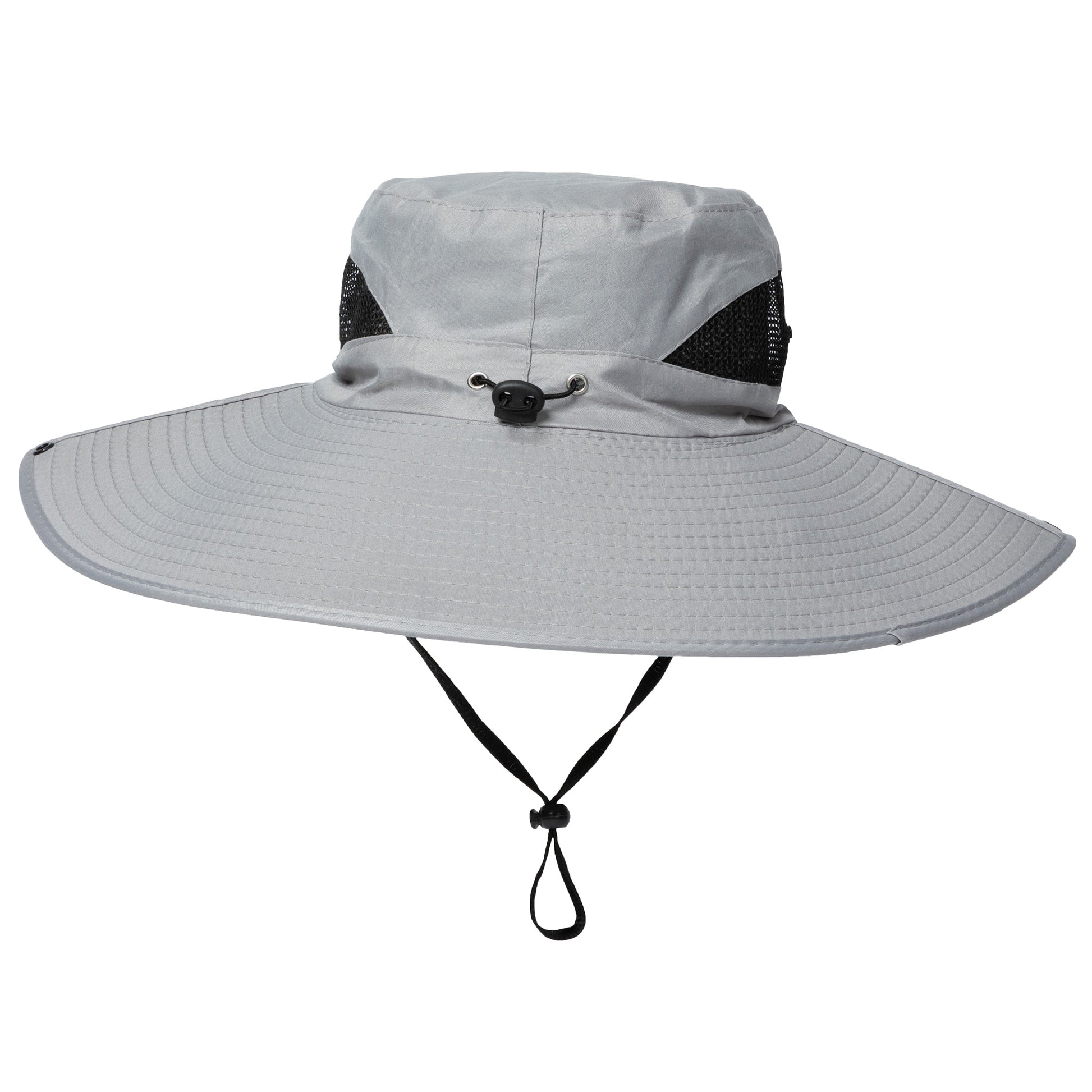 Wide-brimmed gray sun hat with black mesh and chin strap on a white background