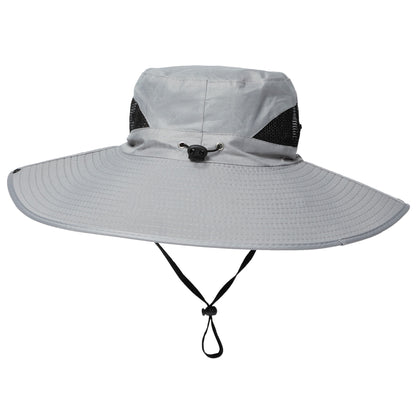 Wide-brimmed gray sun hat with black mesh and chin strap on a white background