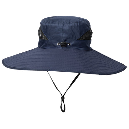 Navy blue wide-brimmed hat with a chin strap on a white background
