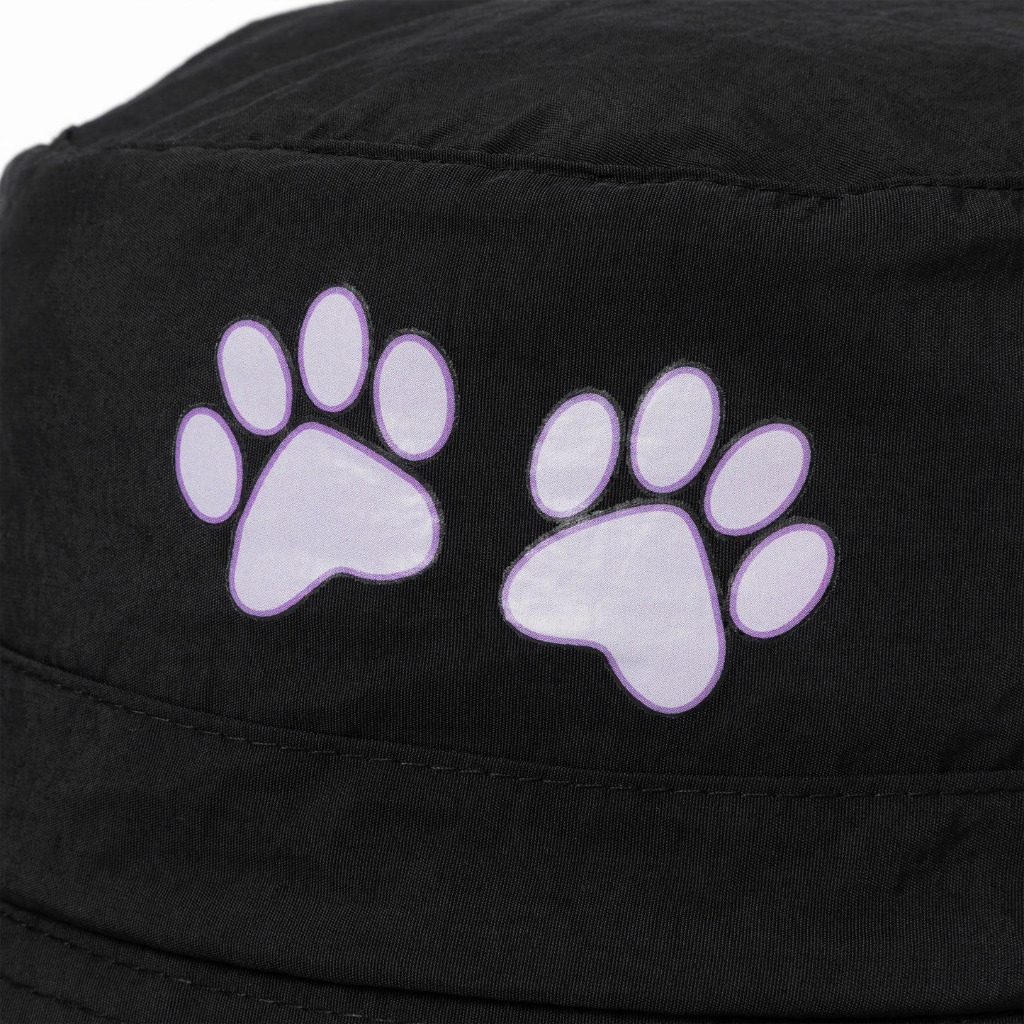 Black hat with purple paw prints on a white background