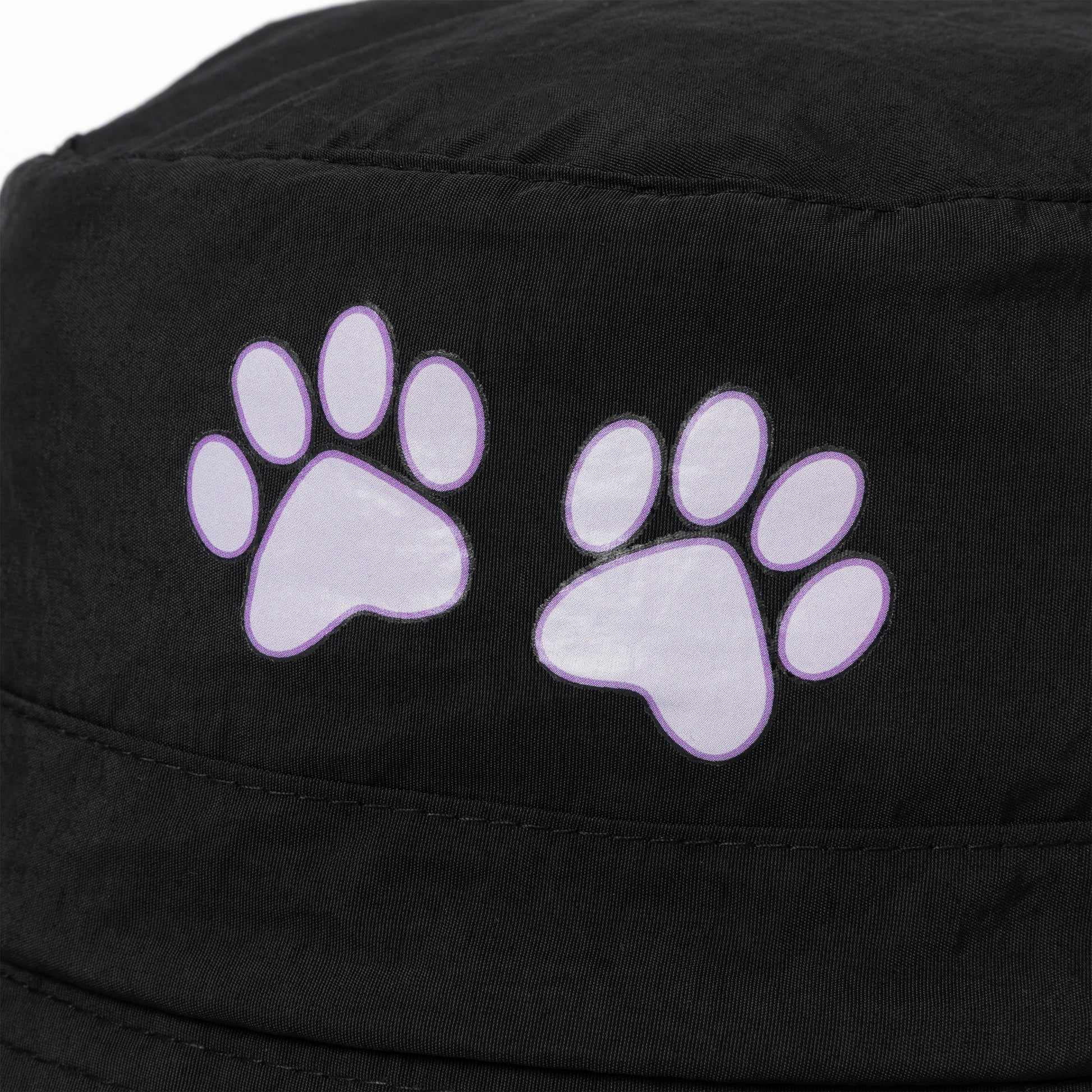 Black hat with purple paw prints on a white background