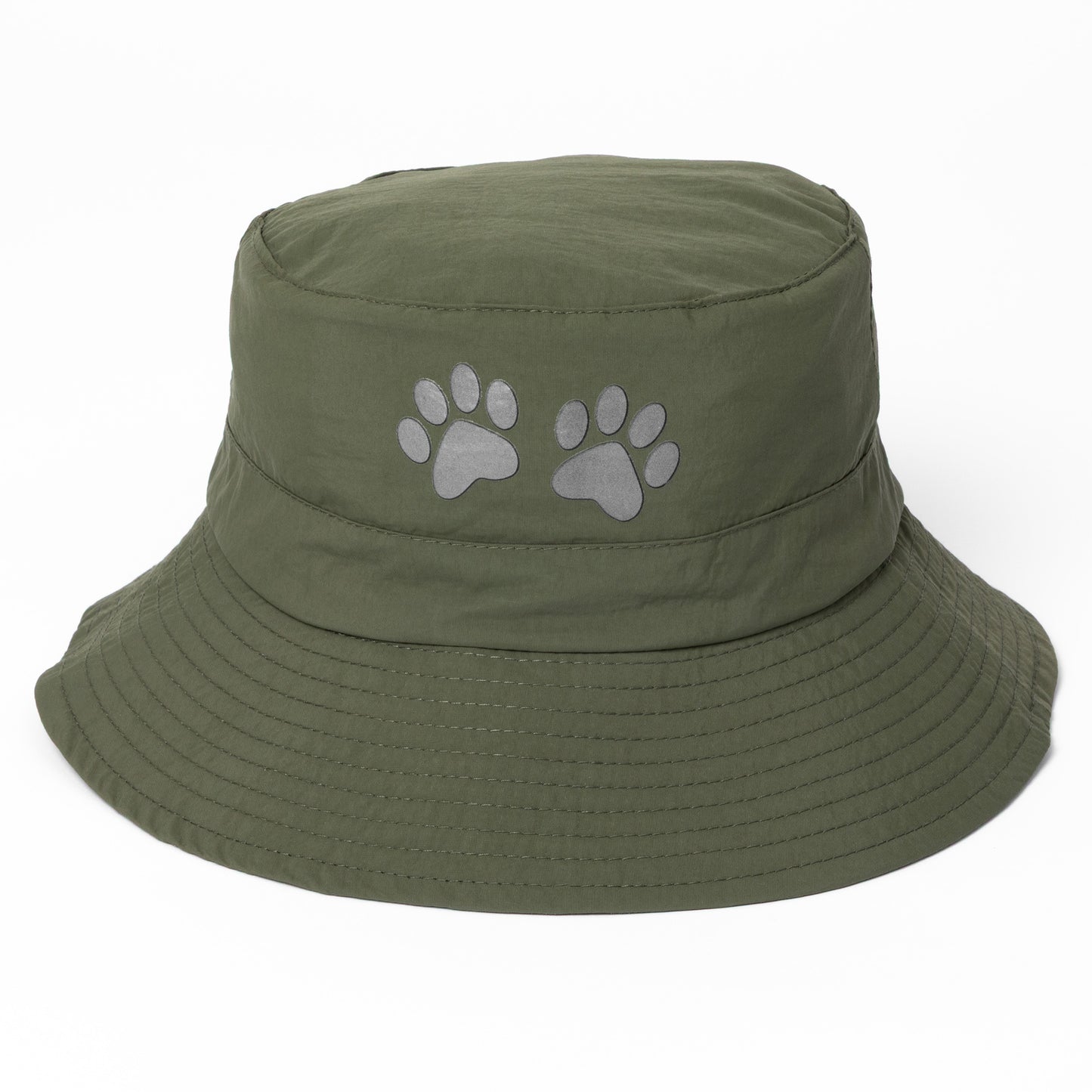 Green bucket hat with paw prints on a white background