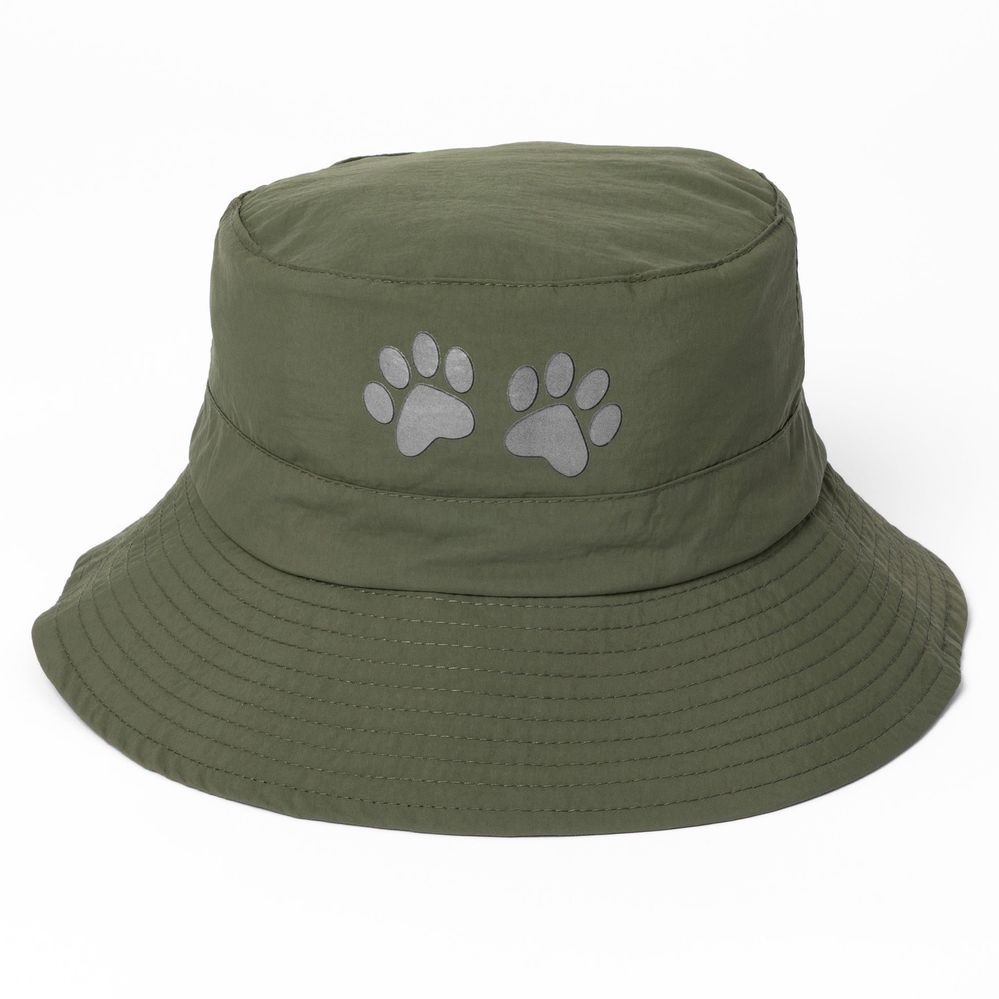 Green bucket hat with paw prints on a white background