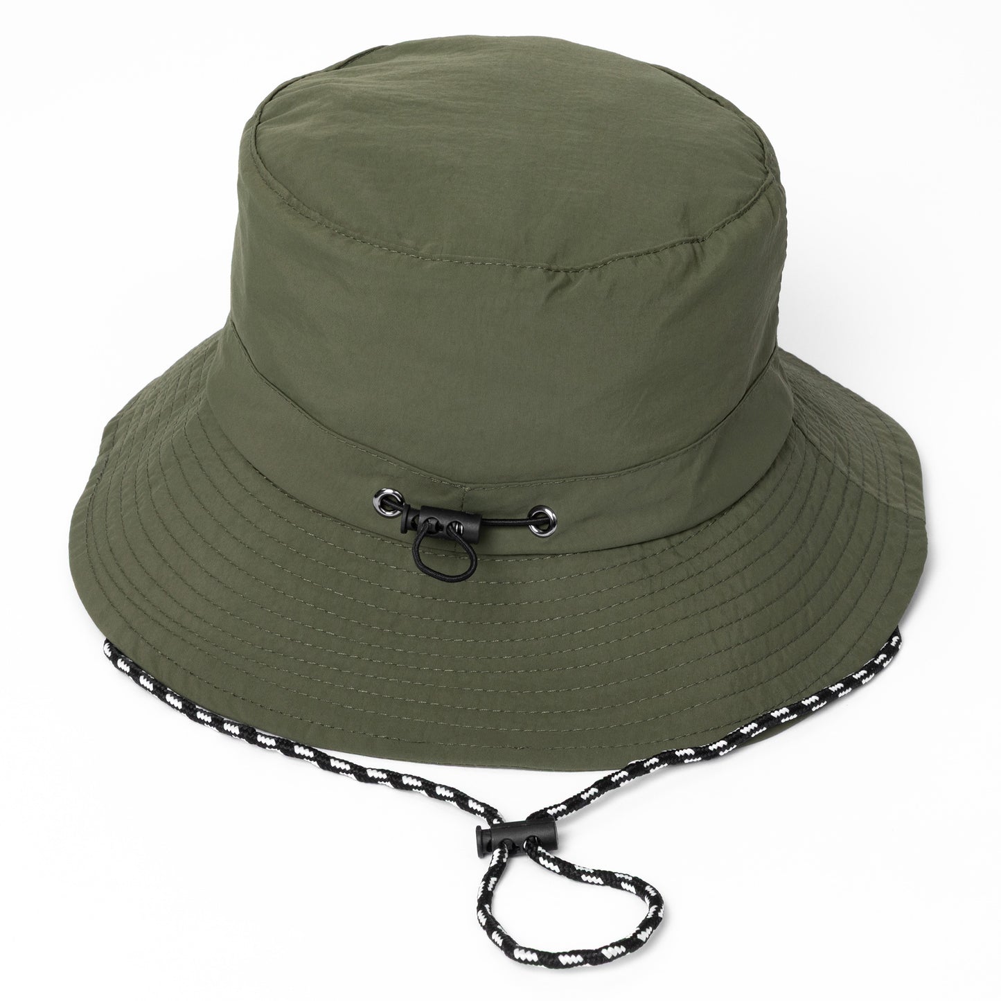 Green bucket hat with a chin strap on a white background