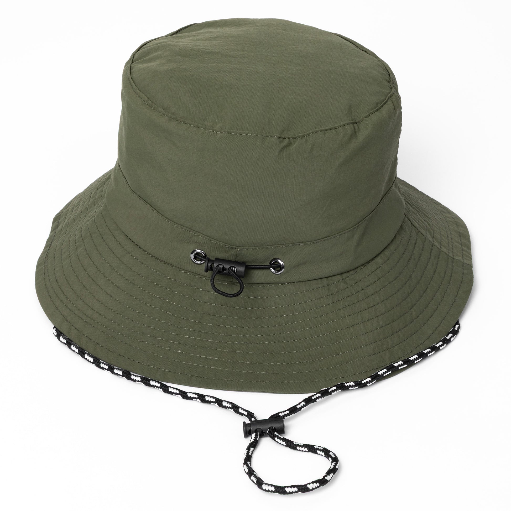Green bucket hat with a chin strap on a white background