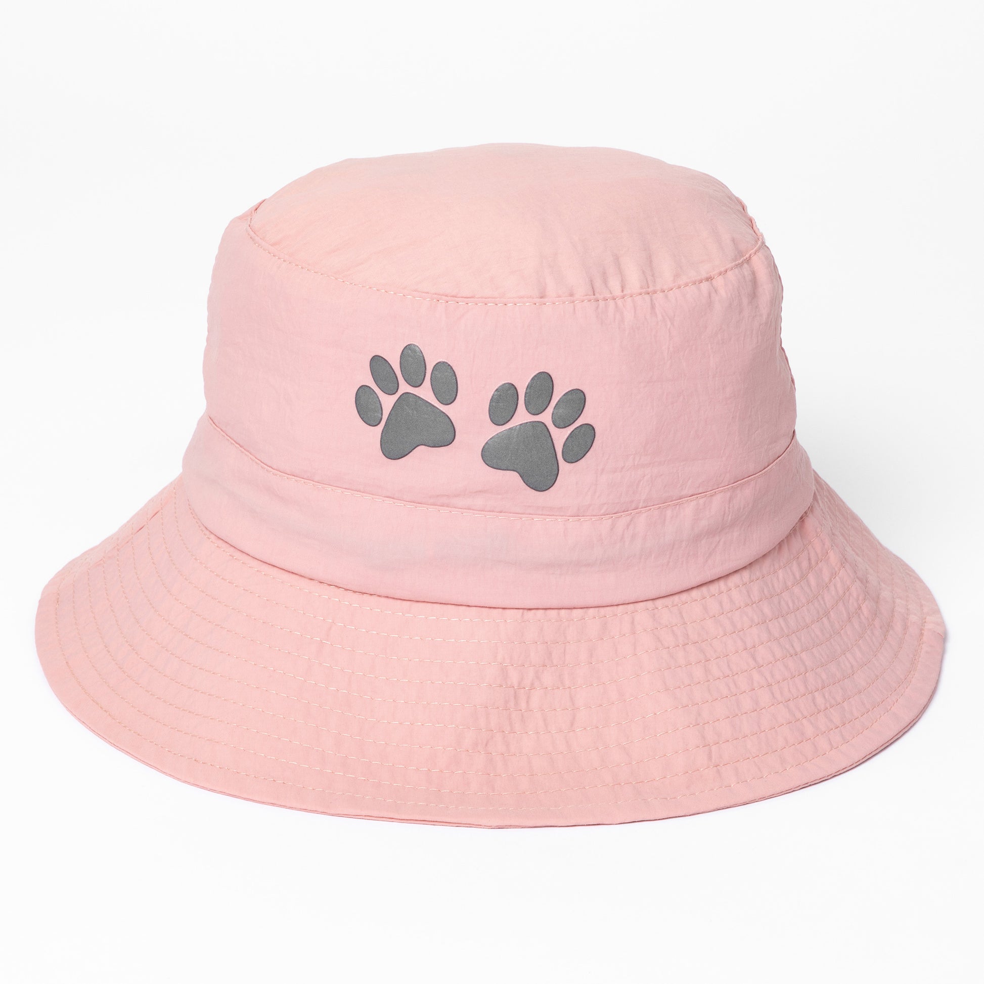 Pink bucket hat with paw prints on a white background