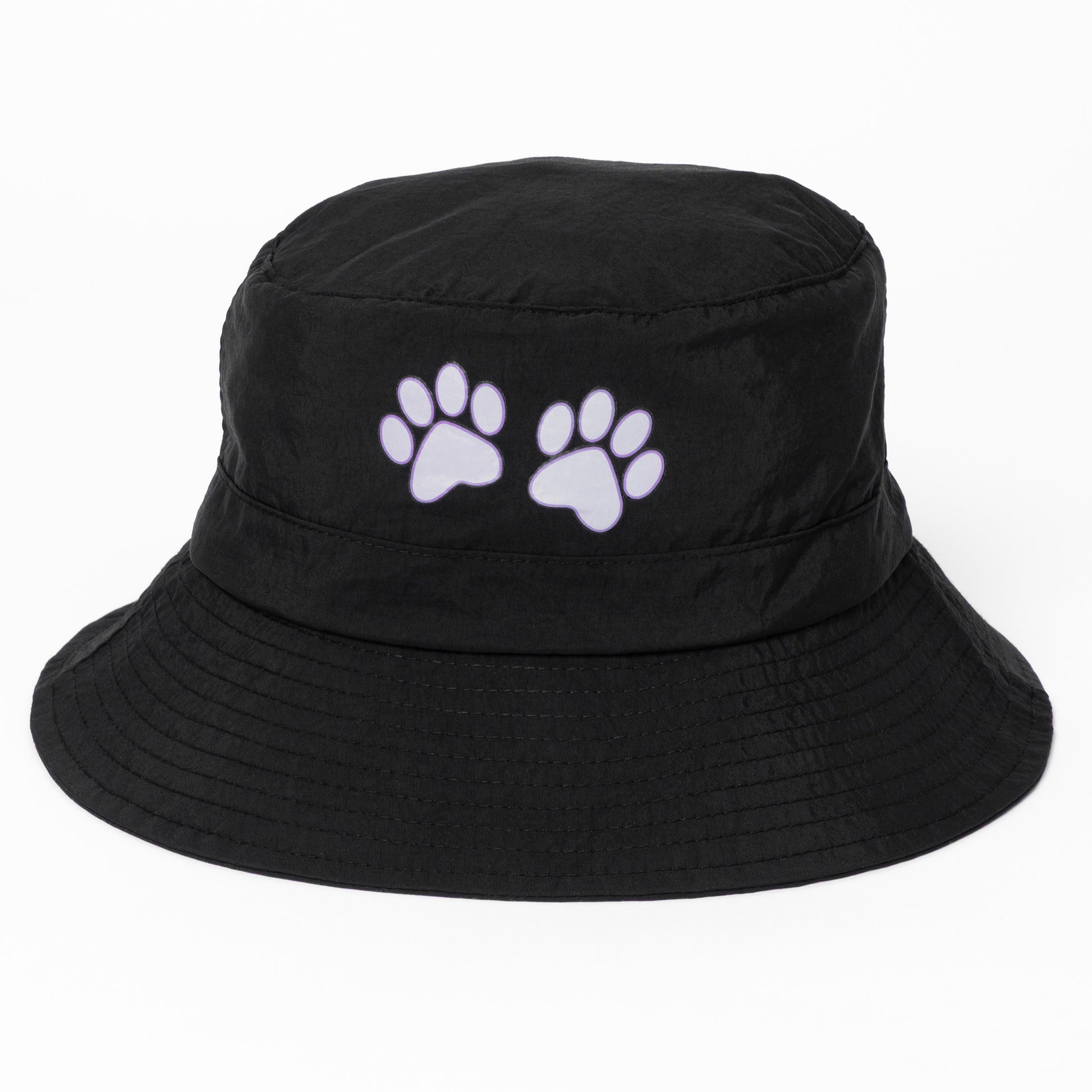 Black bucket hat with white paw prints on a white background