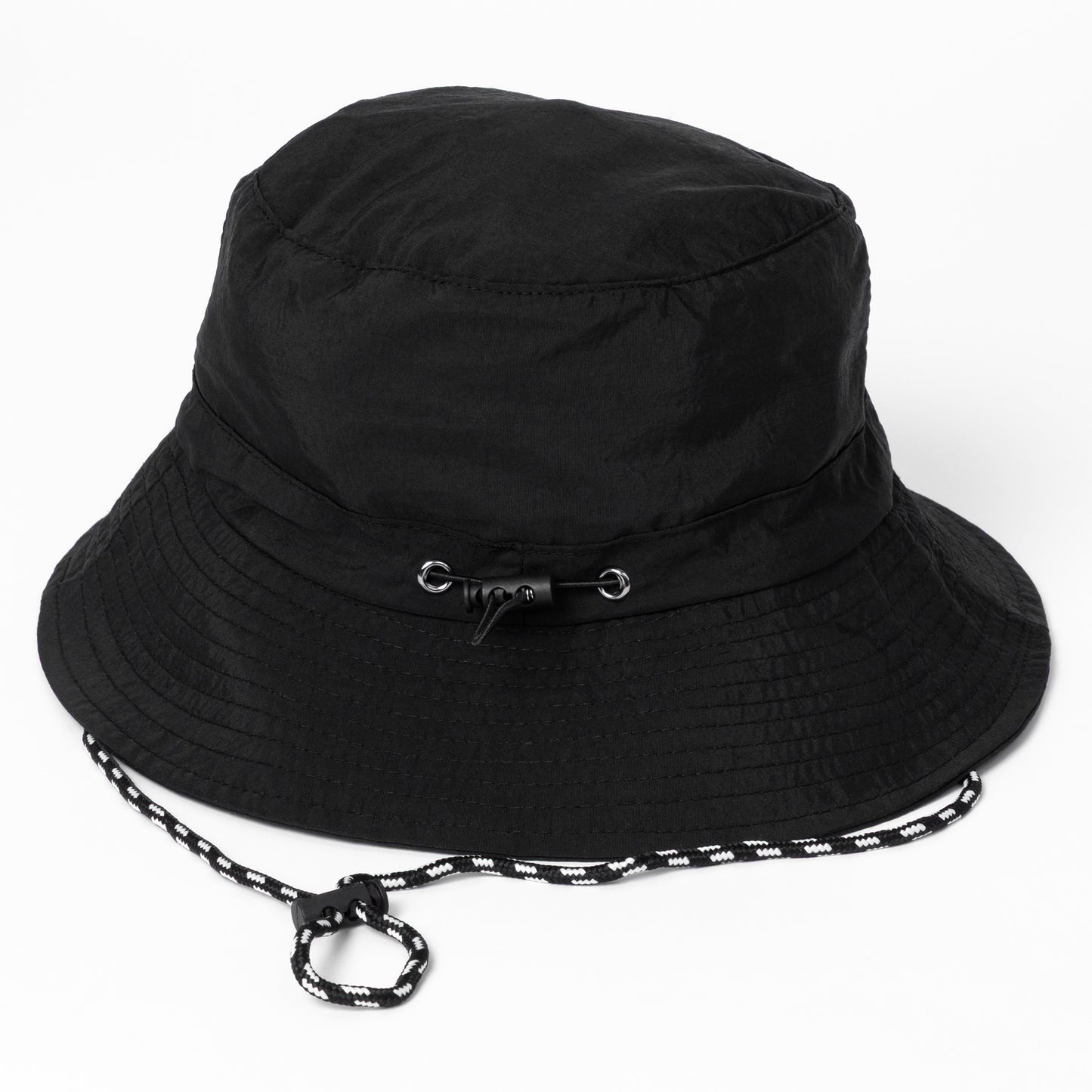 Black bucket hat with a drawstring on a white background