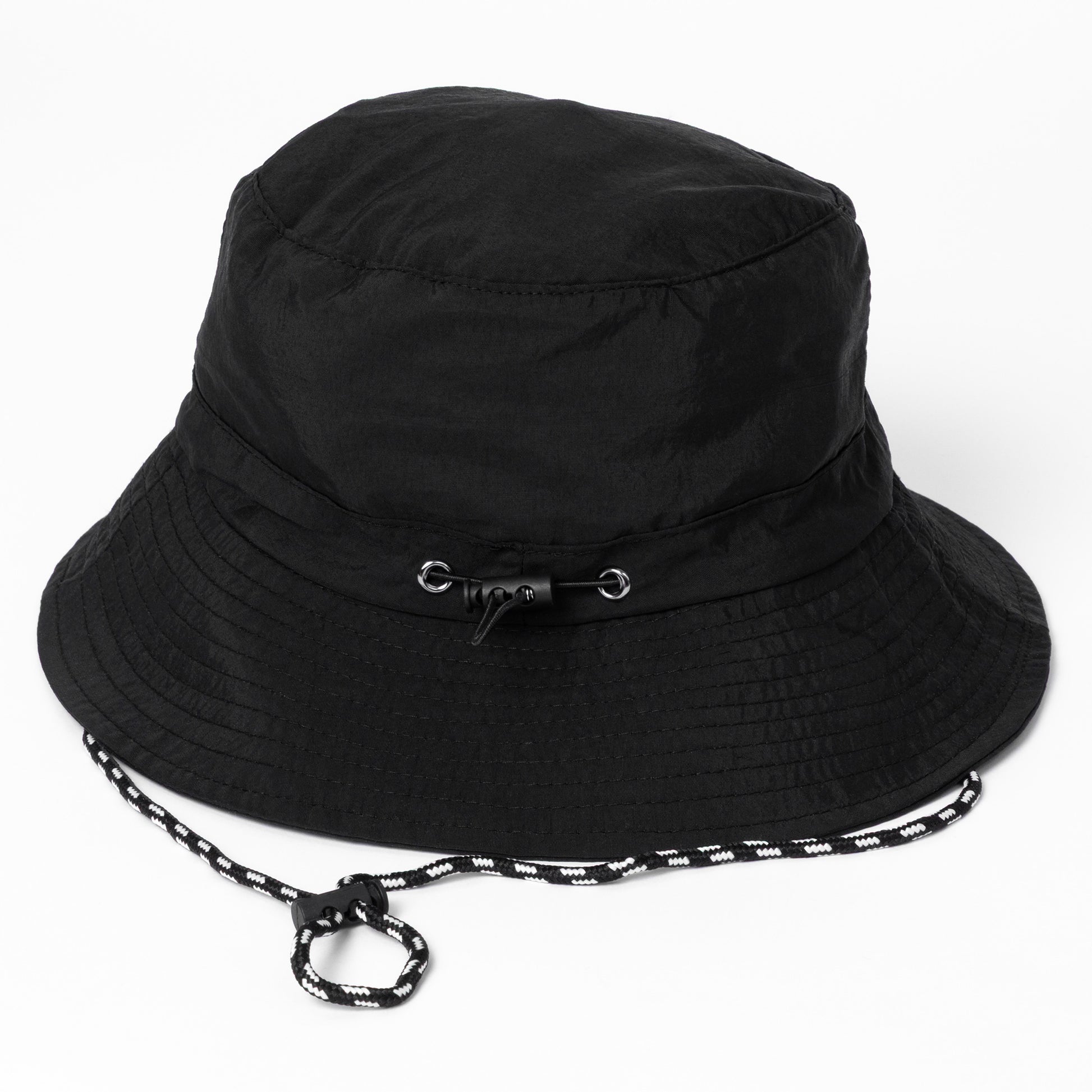 Black bucket hat with a drawstring on a white background