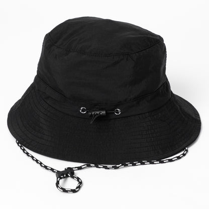 Black bucket hat with a drawstring on a white background