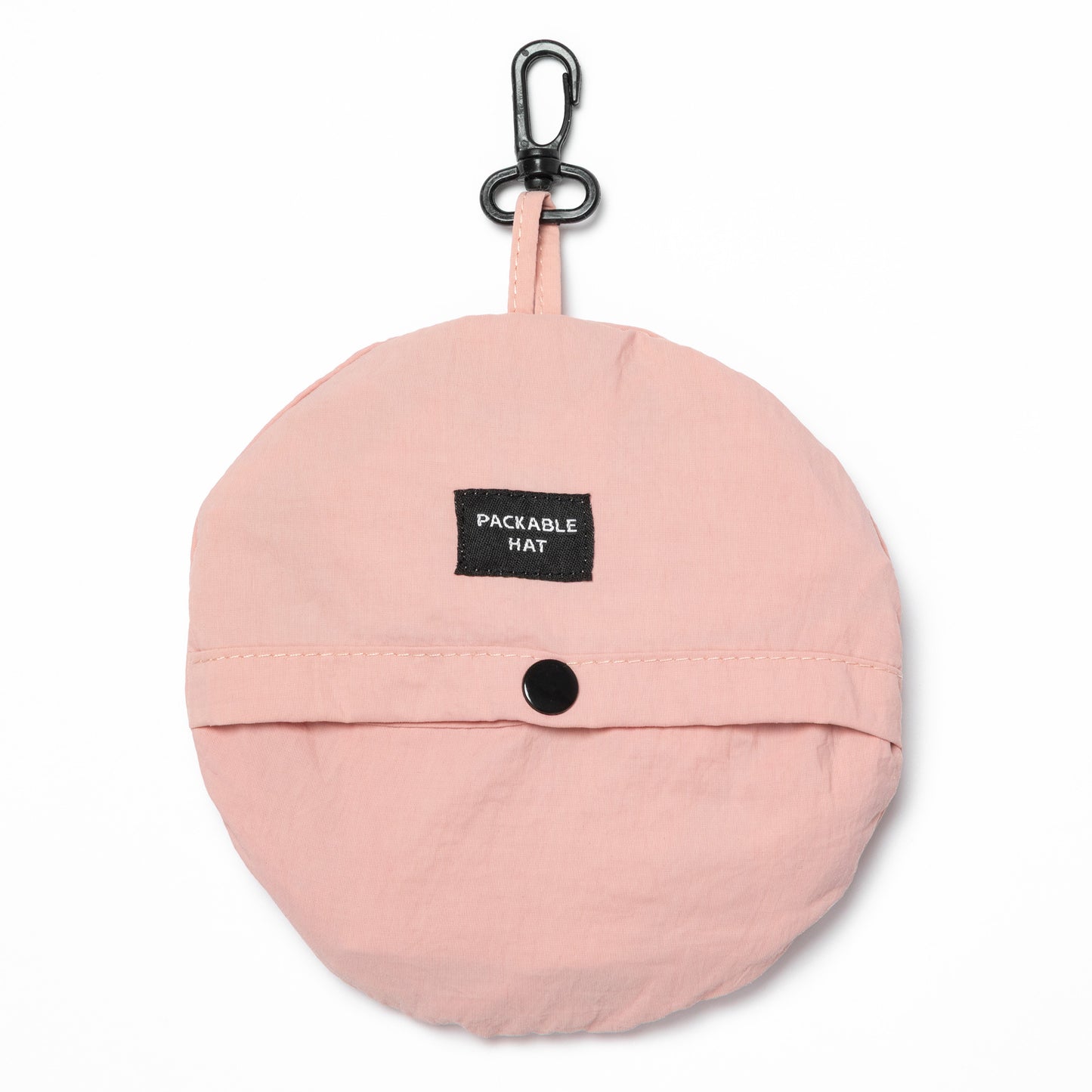 Pink packable hat with a carabiner on a white background