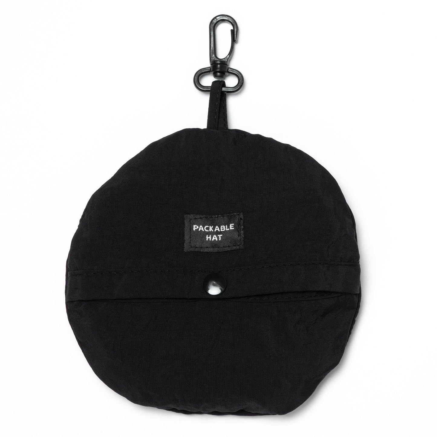 Black packable hat with a tag labeled 'Packable Hat' on a white background