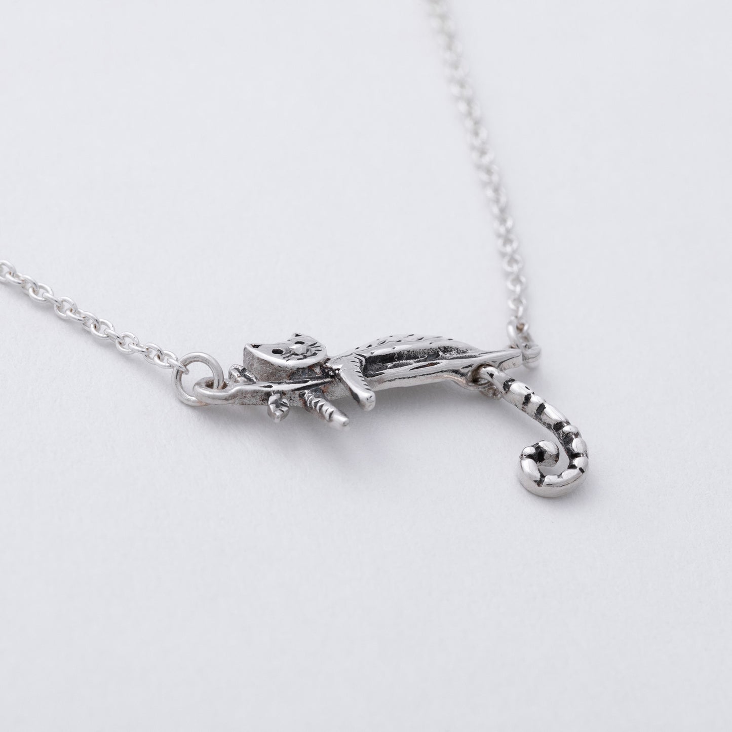 Silver necklace with a unique pendant on a light gray background