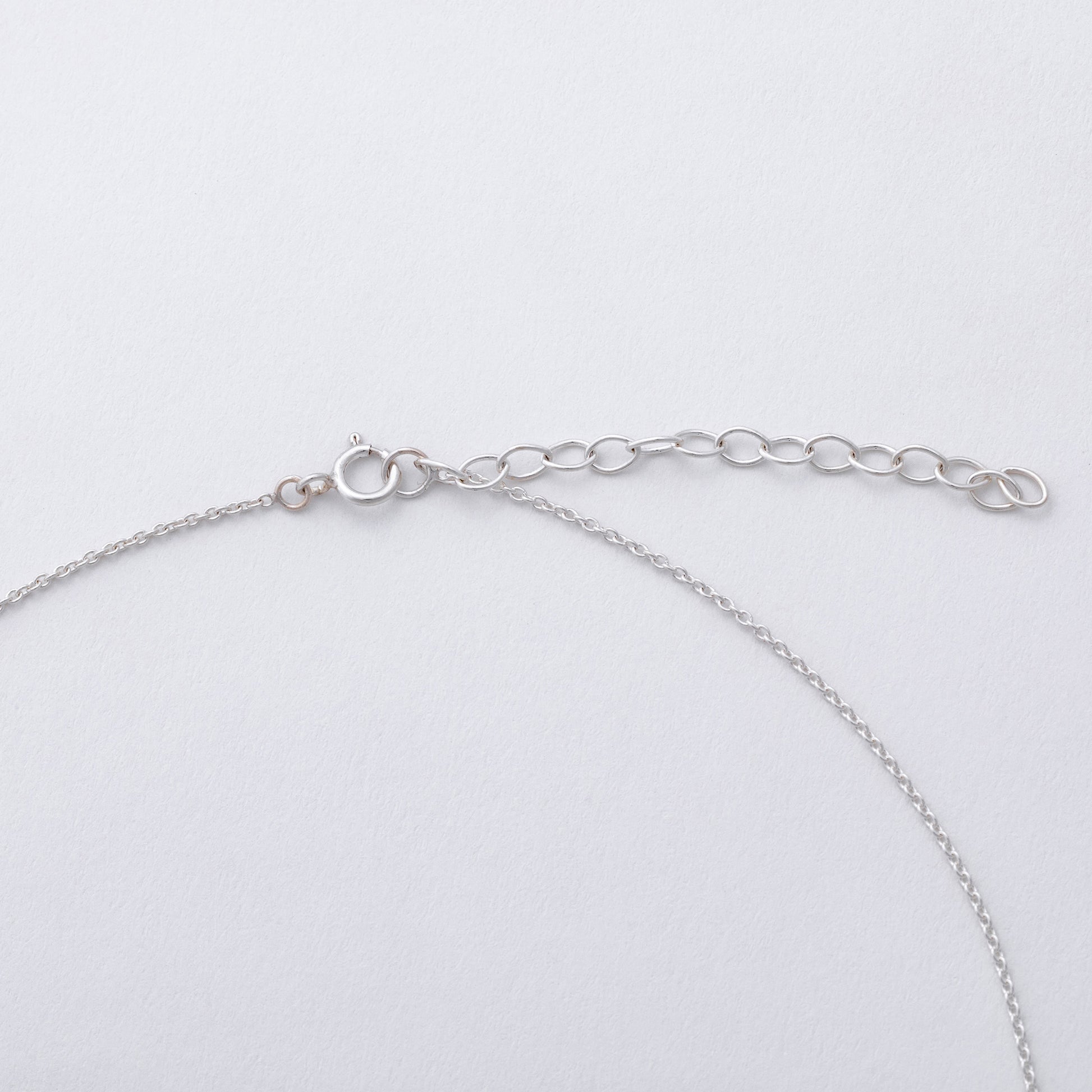 Silver chain necklace with clasp, on a light gray background