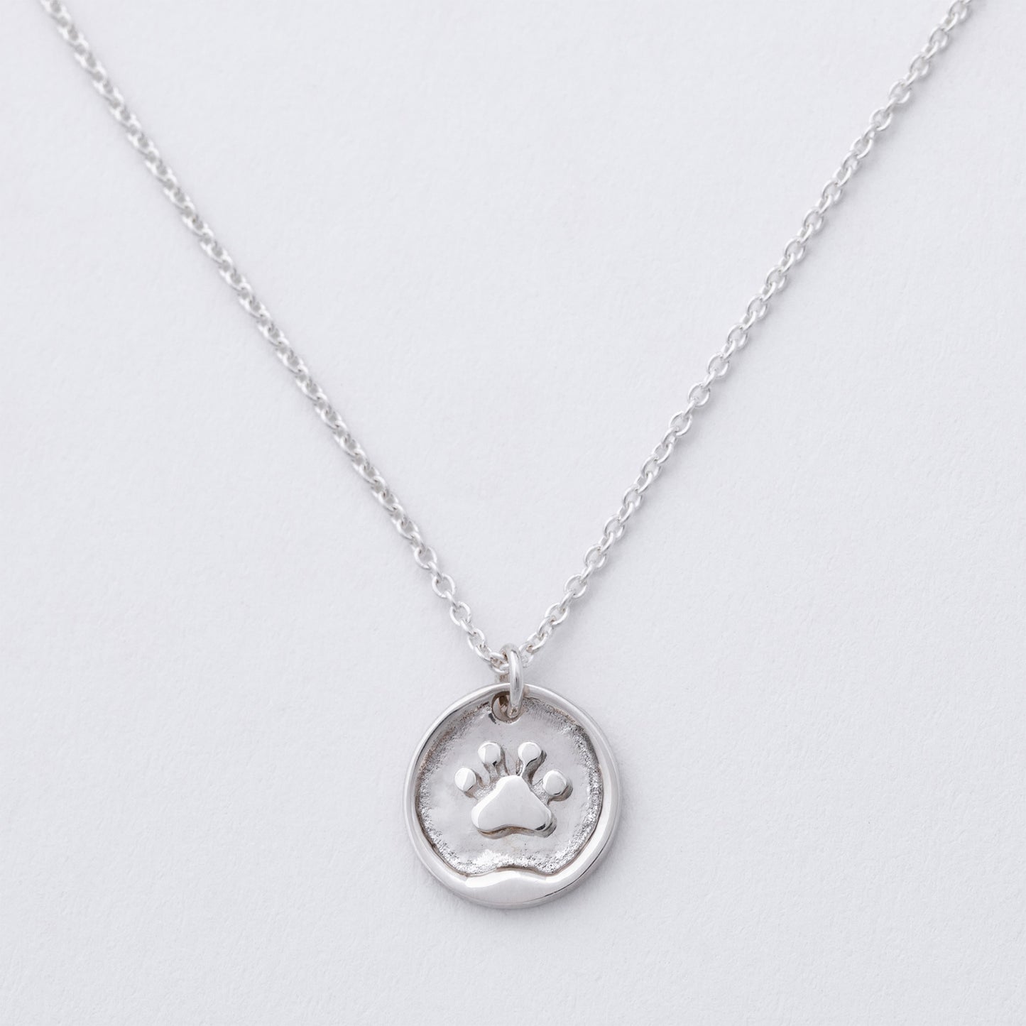 Silver necklace with a paw print pendant on a light gray background