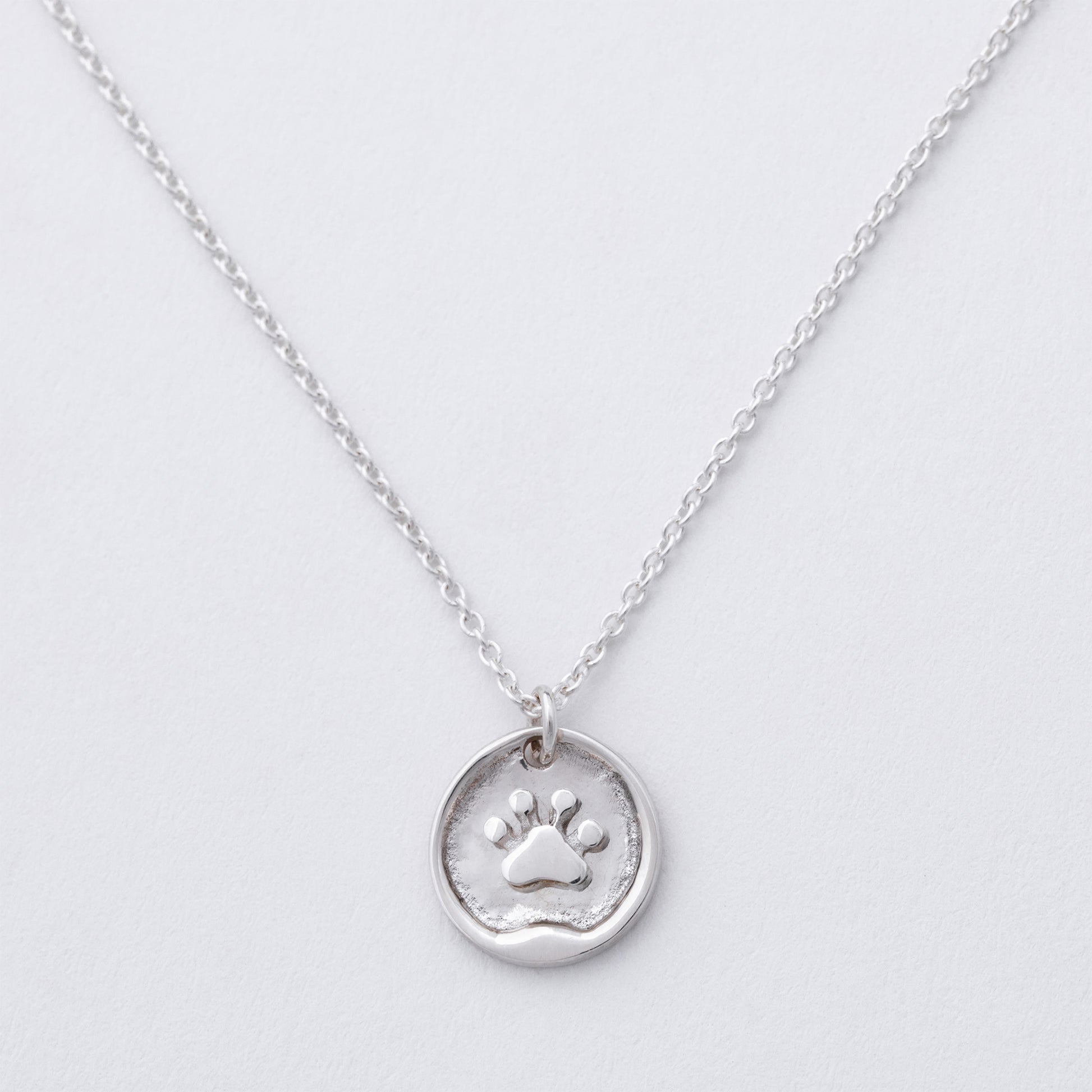 Silver necklace with a paw print pendant on a light gray background
