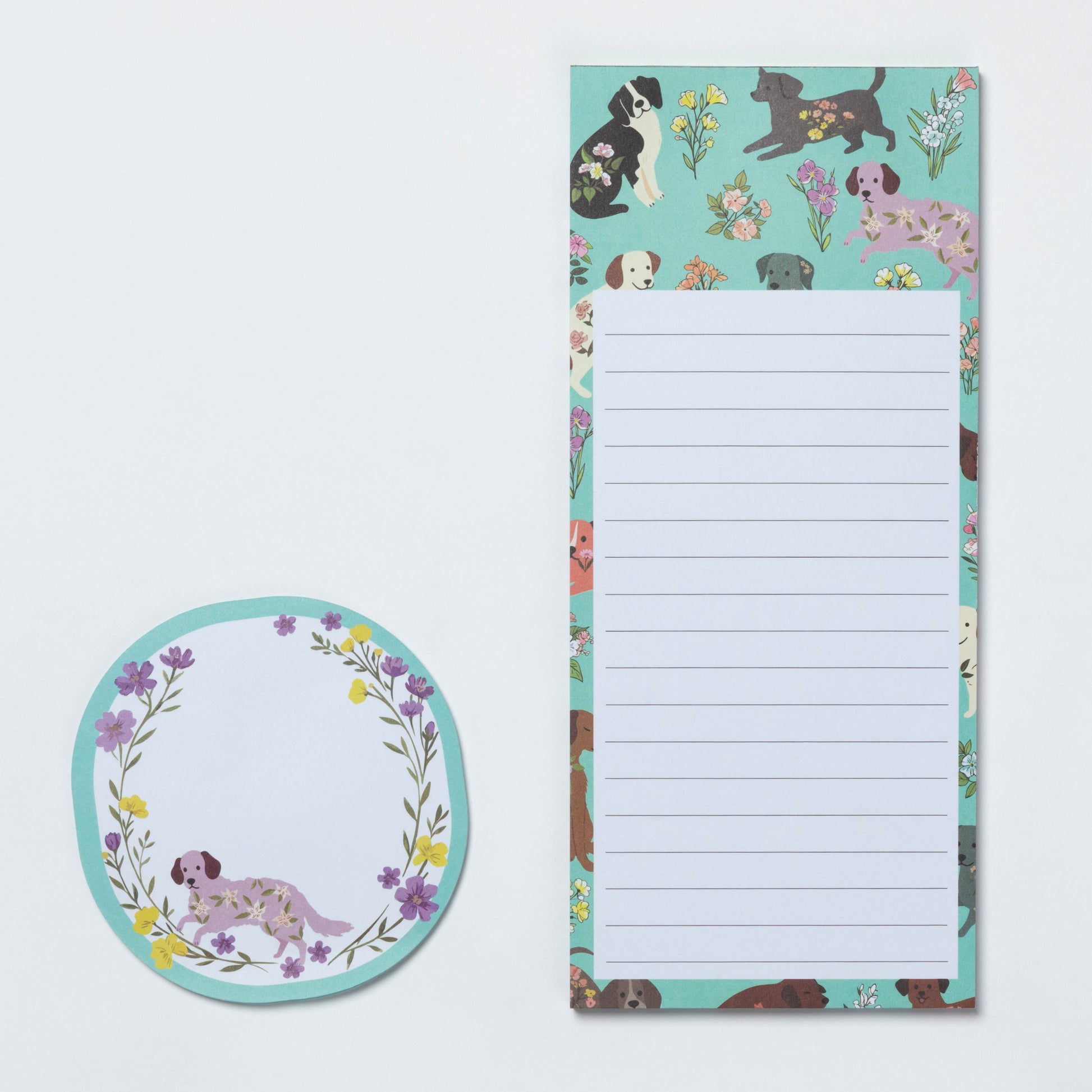 Notepad with dog illustrations on a floral background
