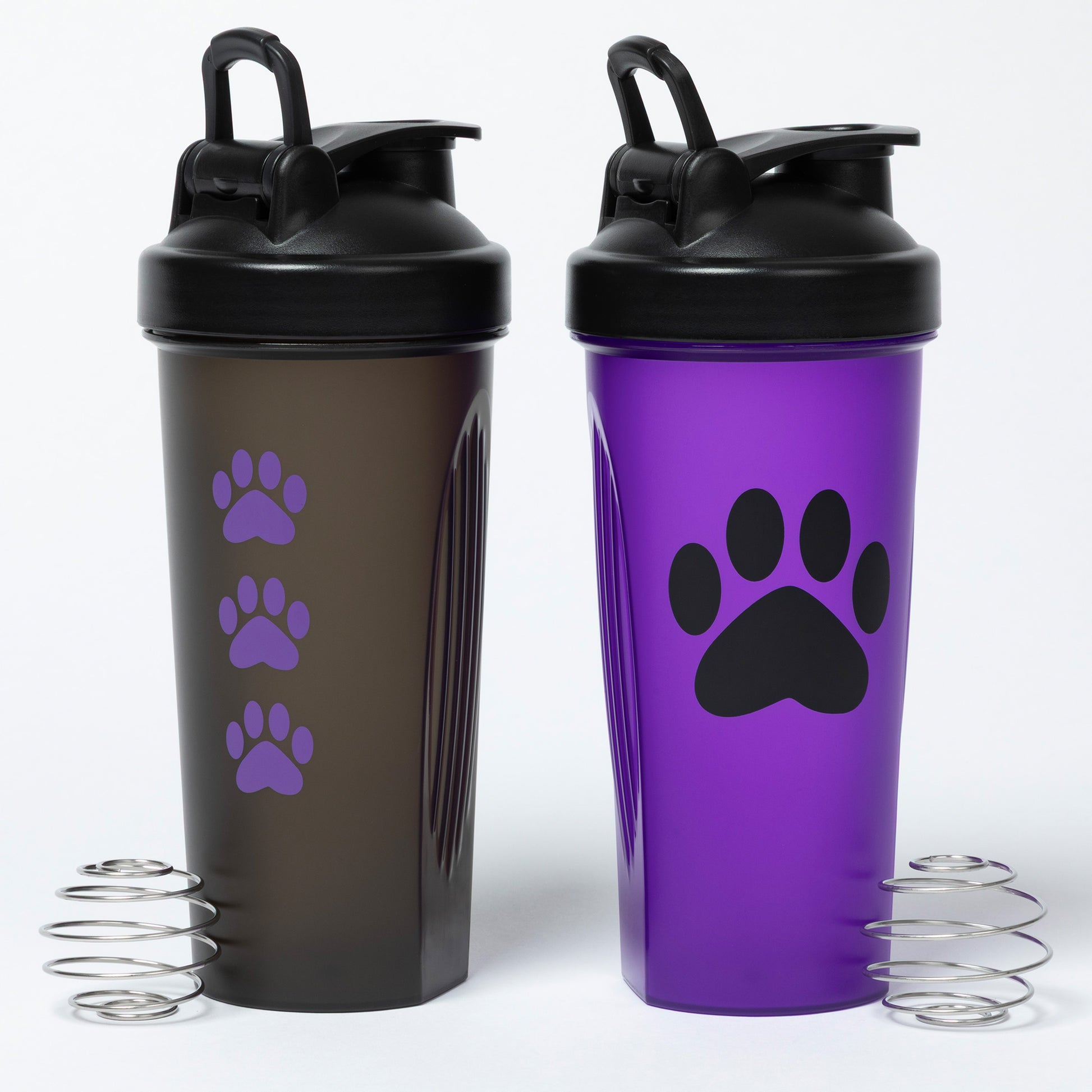 Two shaker bottles, one black and one purple, with paw prints on a white background.
