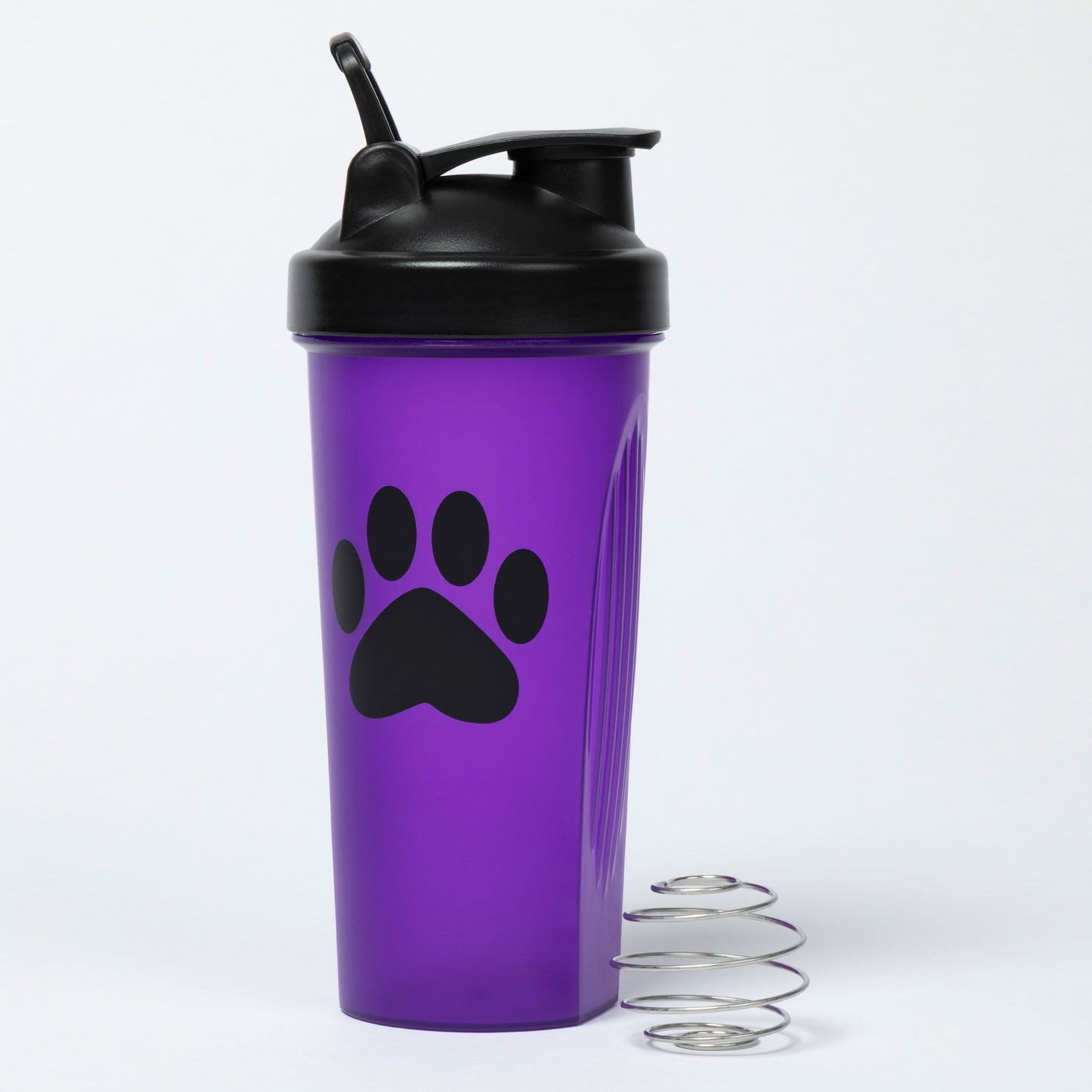 Purple shaker bottle with black paw print design on a white background
