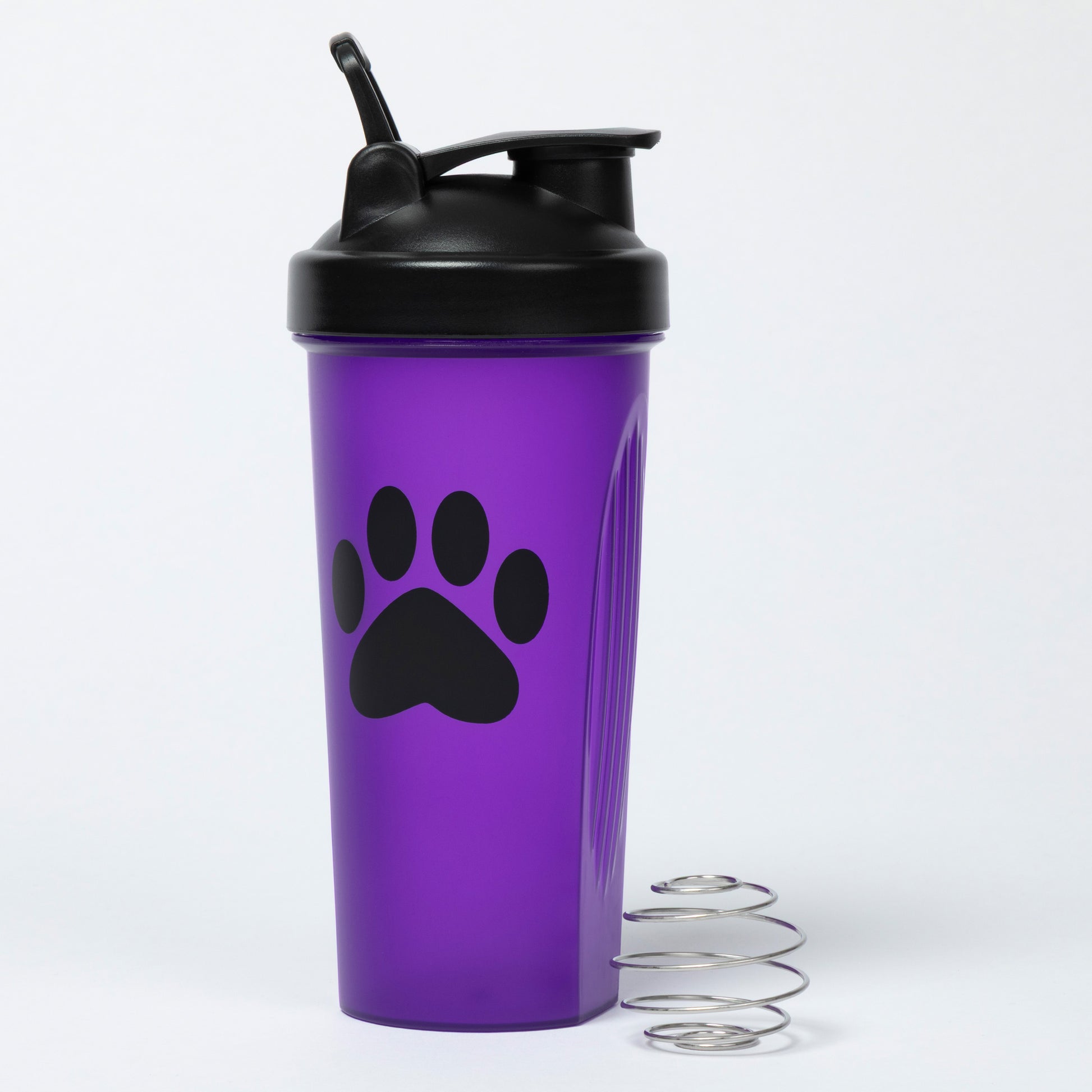 Purple shaker bottle with black paw print design on a white background