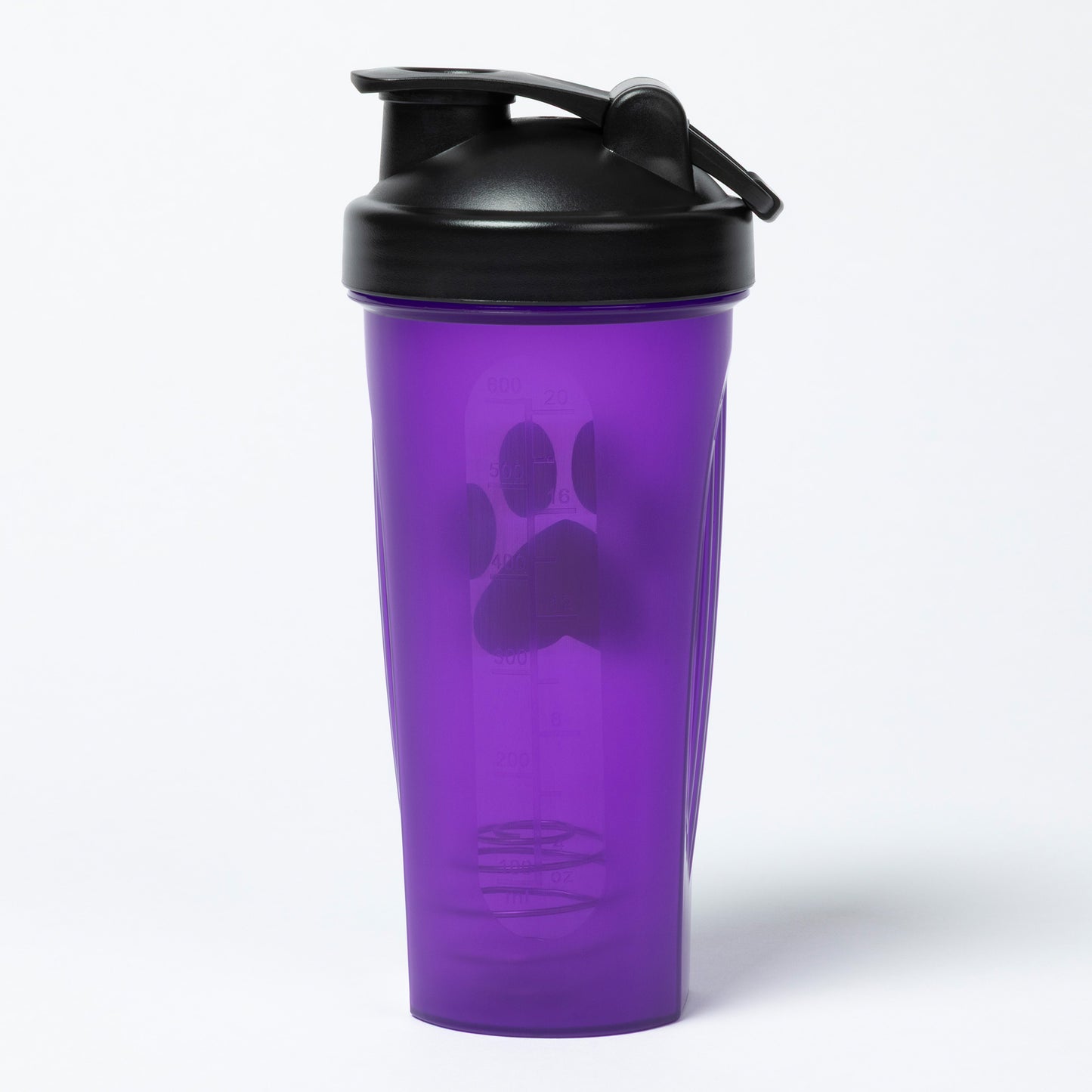 Purple shaker bottle with black lid on a white background