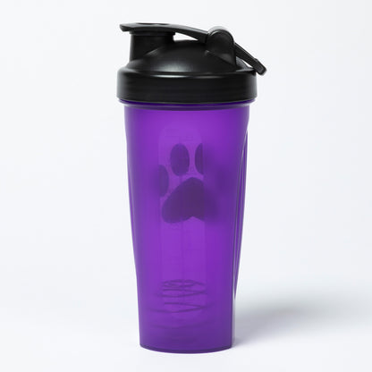 Purple shaker bottle with black lid on a white background