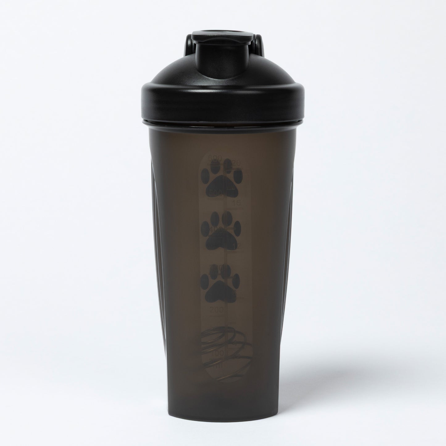 Black shaker bottle with paw prints on a white background
