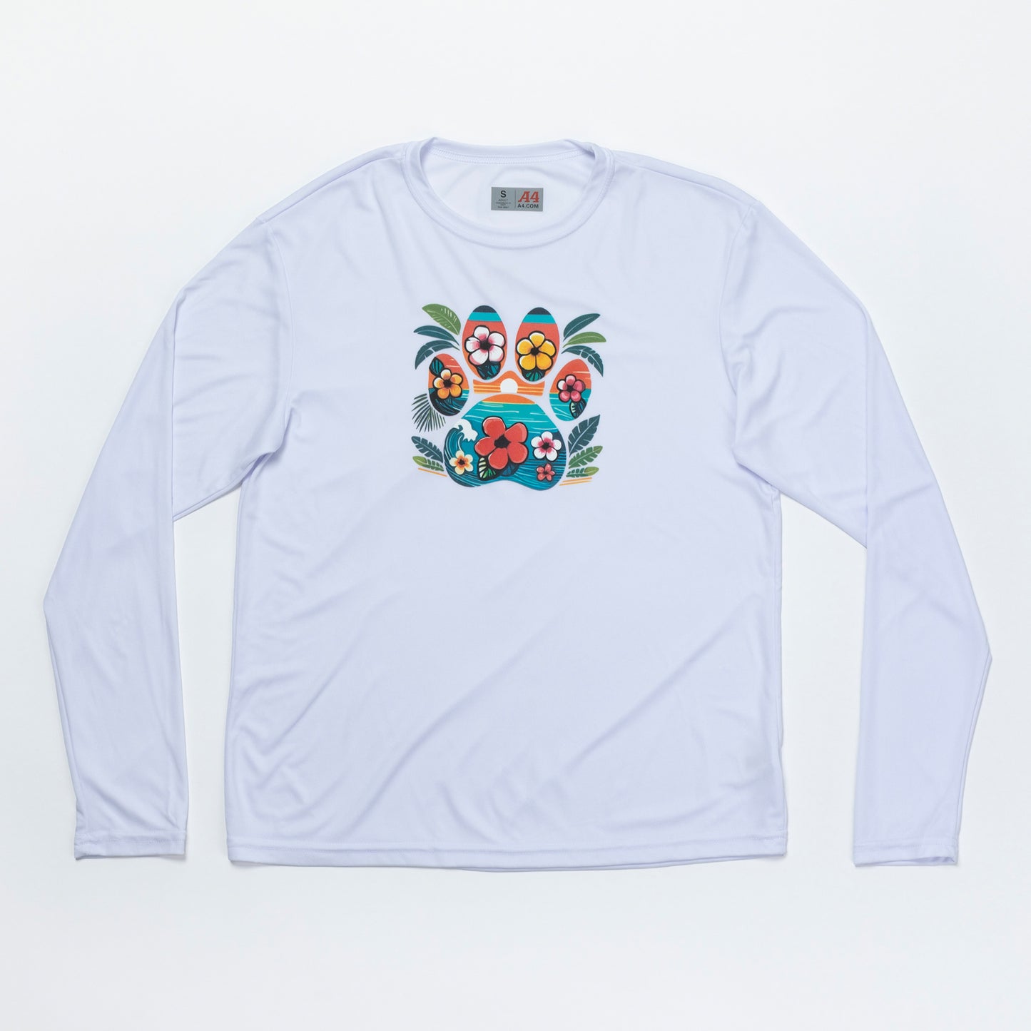 A light long-sleeve crewneck shirt with a colorful graphic of a paw and flowers on the chest, displayed flat against a white background.