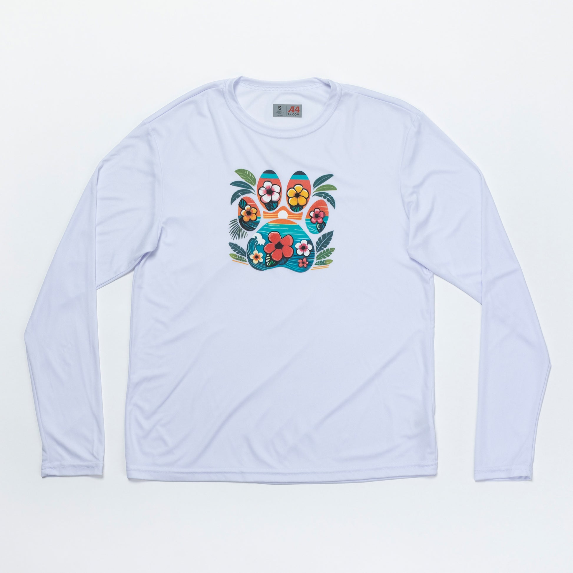 A light long-sleeve crewneck shirt with a colorful graphic of a paw and flowers on the chest, displayed flat against a white background.