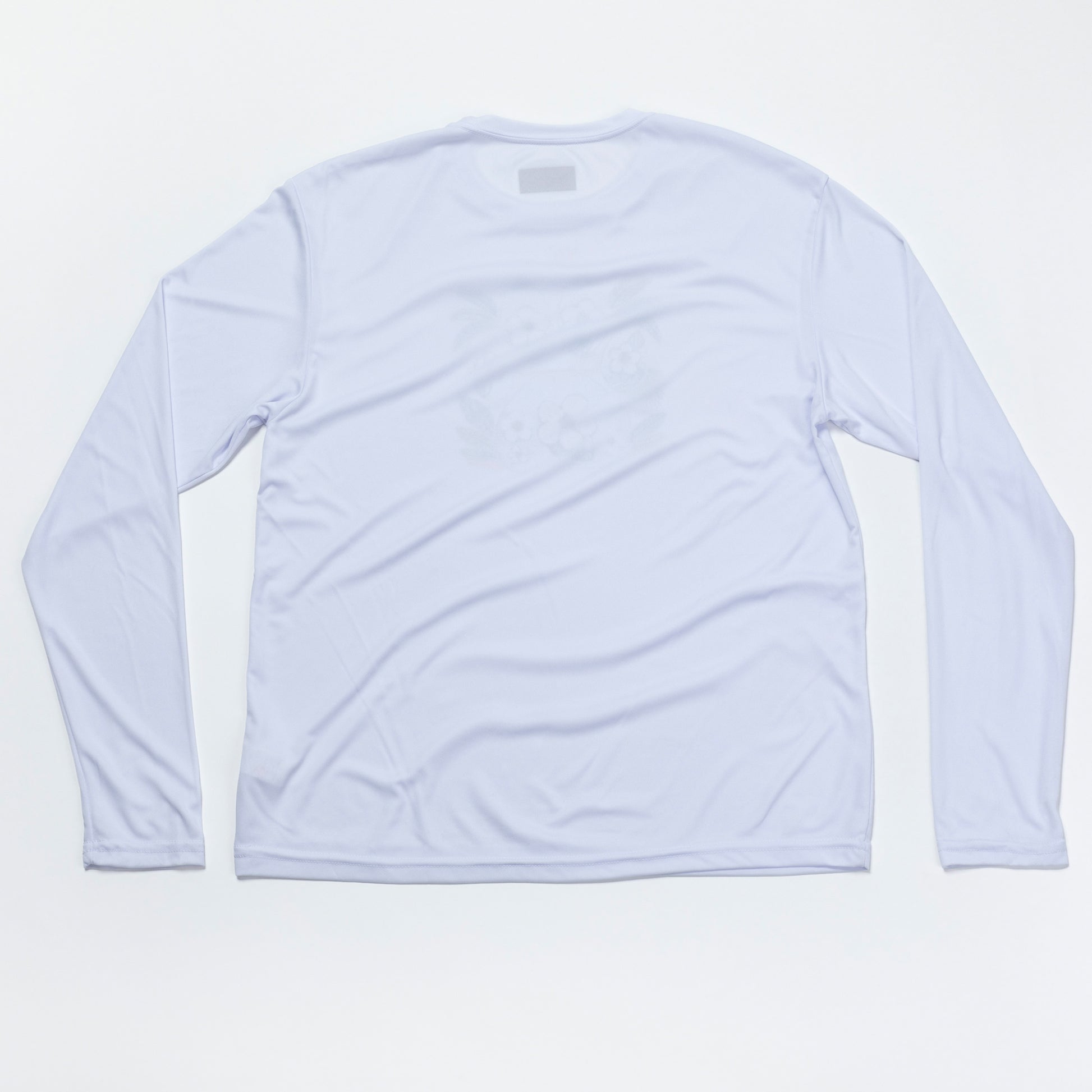 A white long-sleeve athletic shirt laid flat against a white background.