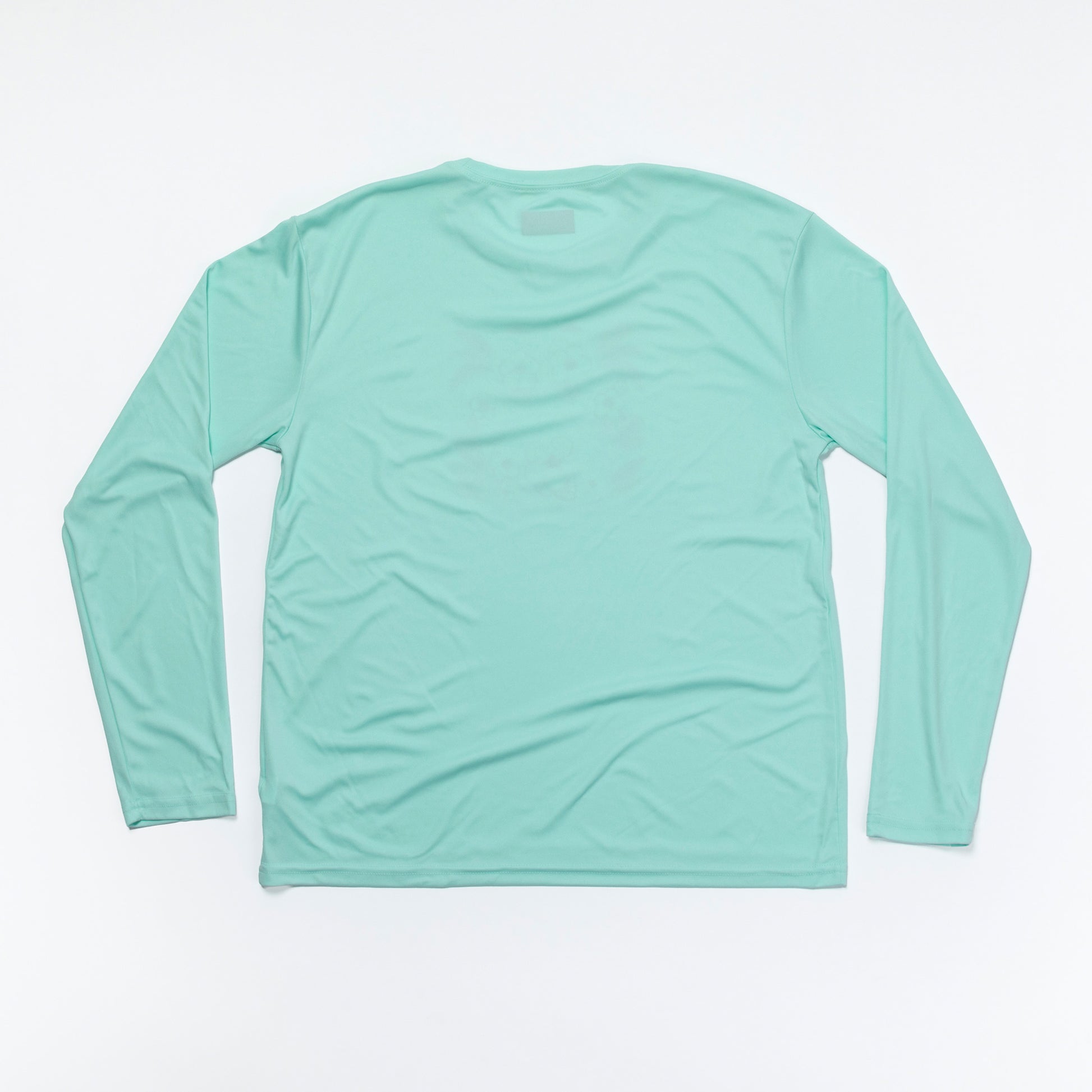 A mint green long-sleeve athletic shirt laid flat on a white background.