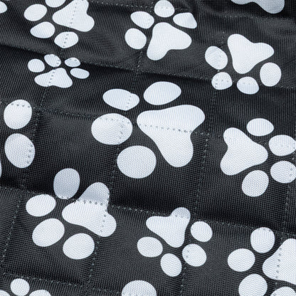 Black fabric quilted car seat cover with white paw print pattern