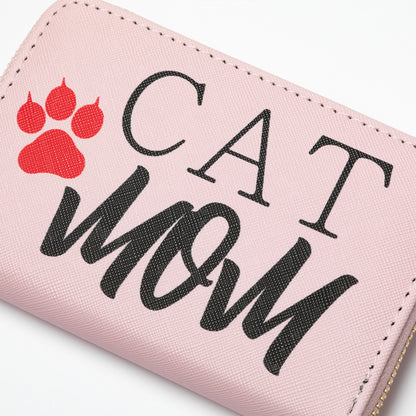 Pink wallet with 'CAT MOM' text and red paw print on a white background