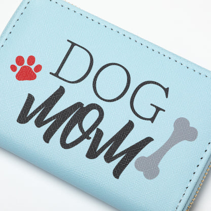 Light blue wallet with 'DOG MOM' text and paw print design on a white background