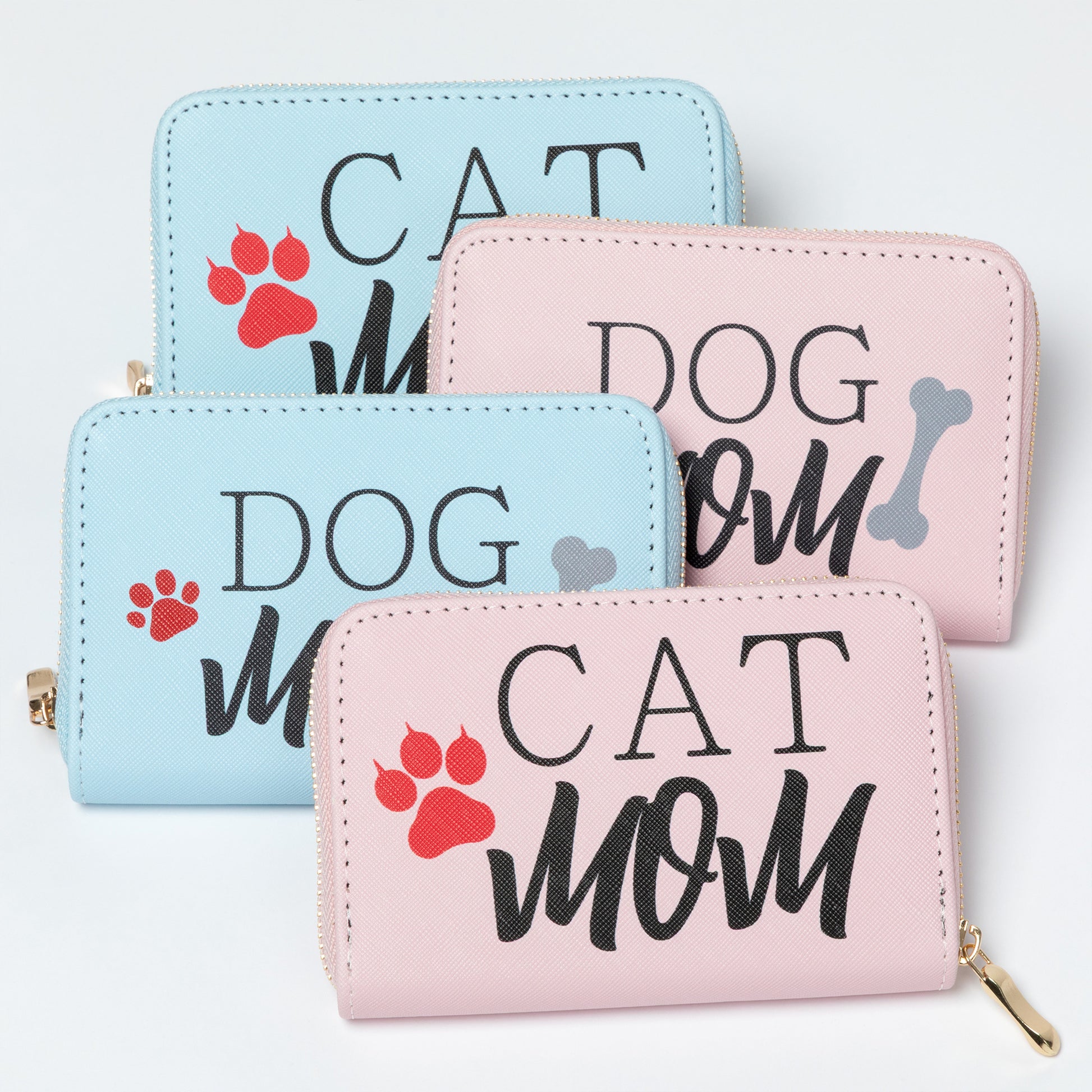 Four small wallets with 'Cat Mom' and 'Dog Mom' text and paw prints on a light blue background.