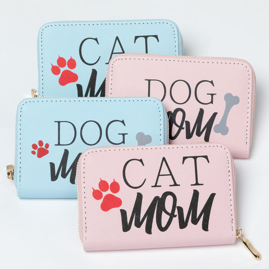 Four small wallets with 'Cat Mom' and 'Dog Mom' text and paw prints on a light blue background.