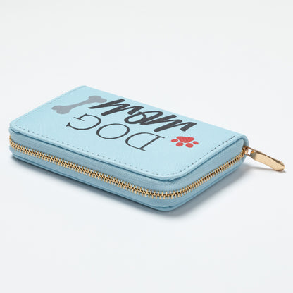 Light blue wallet with 'Dog Mom' text and paw prints on a white background