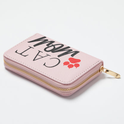 Pink wallet with 'Mom Cat' text and paw print design on a white background