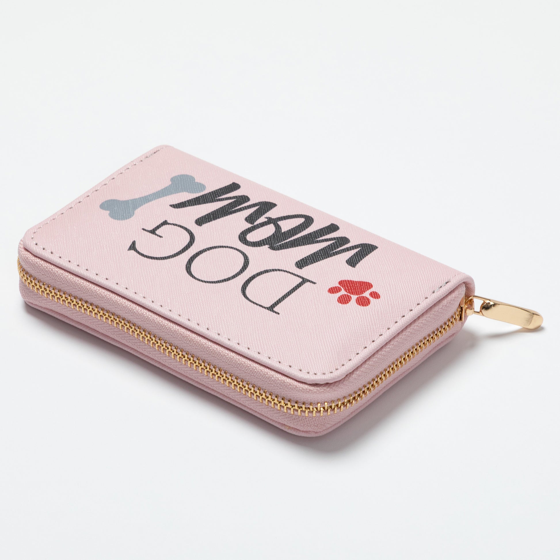 Pink wallet with 'Dog Mom' text and paw print on a white background