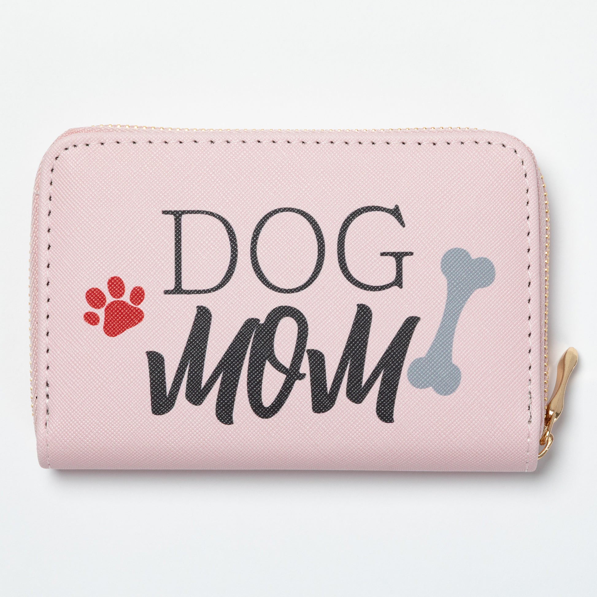 Pink wallet with 'DOG MOM' text and paw print and dog bone on a white background