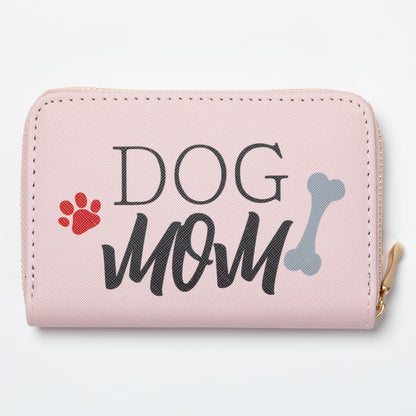 Pink wallet with 'DOG MOM' text and paw print and dog bone on a white background