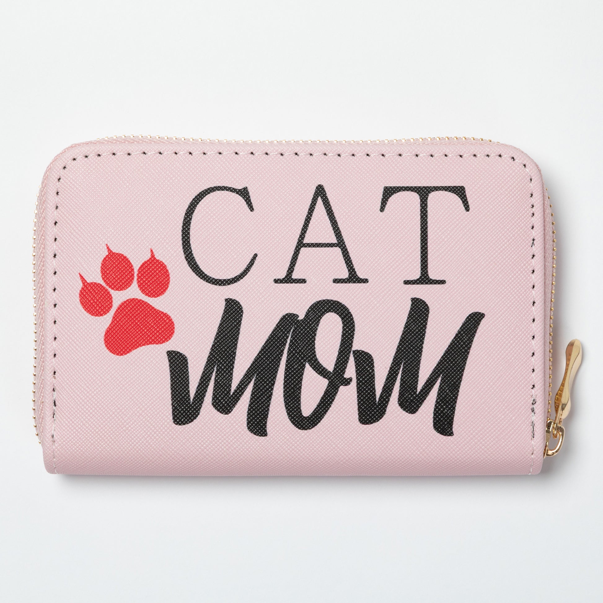 Pink wallet with 'CAT MOM' text and red paw print on a light gray background
