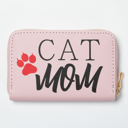 Pink wallet with 'CAT MOM' text and red paw print on a light gray background