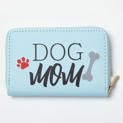 Light blue wallet with 'DOG MOM' text and dog-related graphics on a white background
