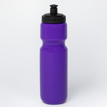 A purple plastic water bottle with a black screw-on cap, shown on a clean white background.