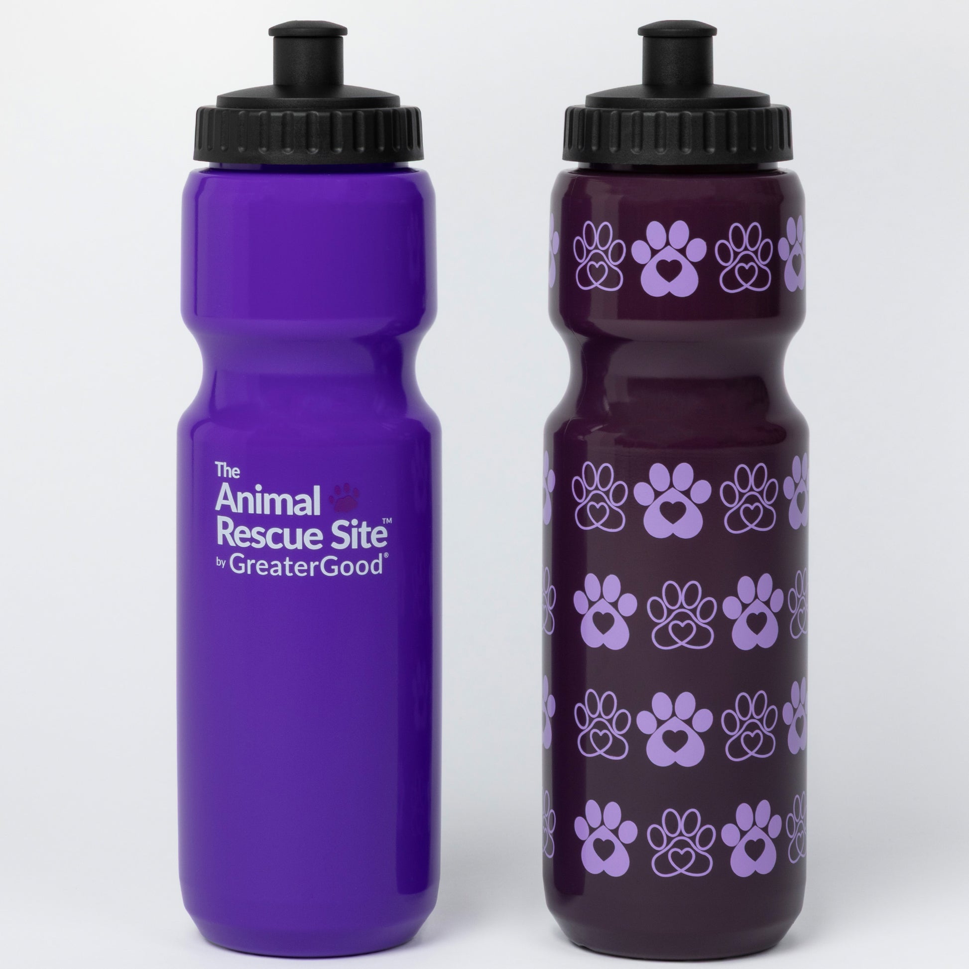 Two reusable water bottles on a light gray background. The left bottle is solid purple with white printed text reading 'The Animal Rescue Site by GreaterGood.