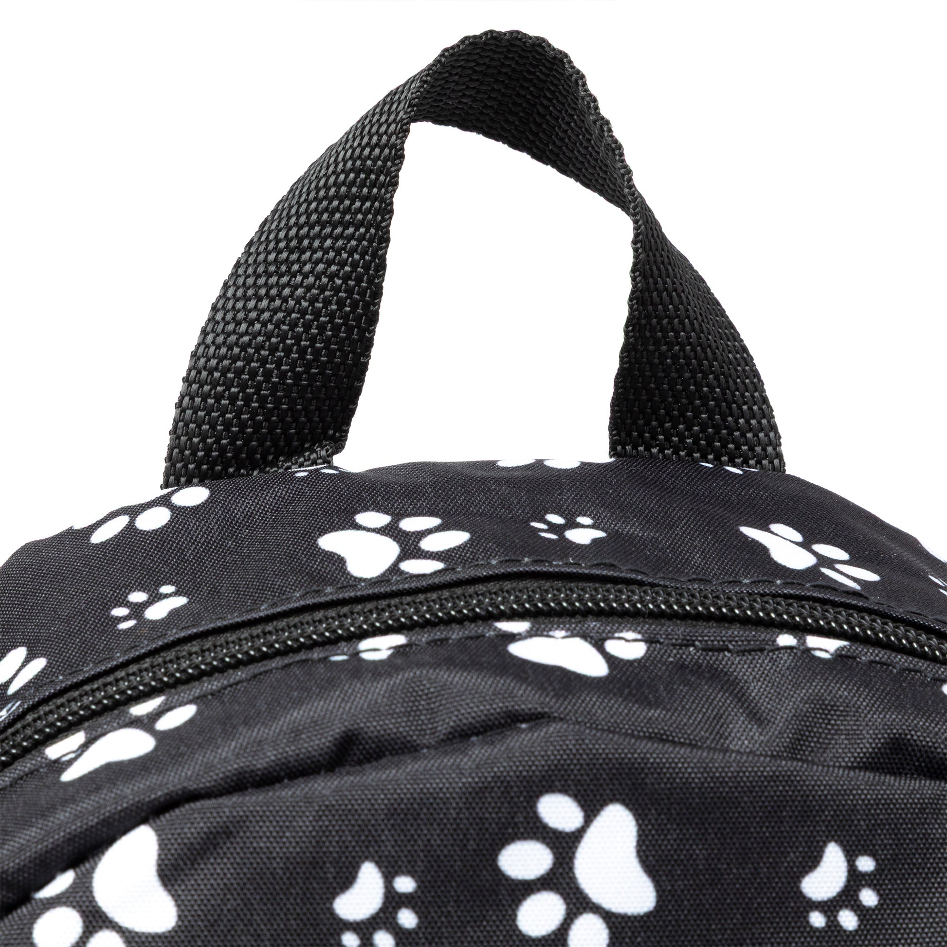 Black backpack with white paw prints on a white background